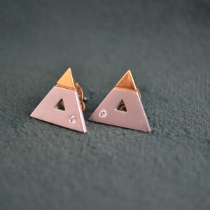 Yellow and White Gold Triangle Earrings, 18K Gold and Diamonds Stud Earrings, Solid Gold Studs with Diamonds, Fine Artisan Jewelry, Gift image 4