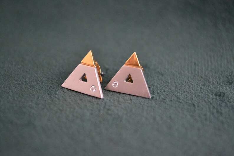 Yellow and White Gold Triangle Earrings, 18K Gold and Diamonds Stud Earrings, Solid Gold Studs with Diamonds, Fine Artisan Jewelry, Gift image 4
