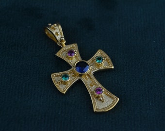 Byzantine Etruscan Cross, Gold-Plated Sterling Silver with CZ, Handmade Greek Artisan Pendant