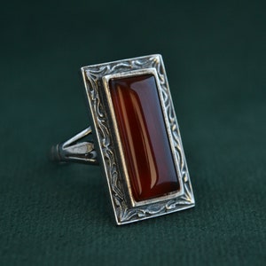 Byzantine Inspired Ring with Carnelian, Sterling Silver Ring with Rectangle Gemstone, Solitaire Artisan Ring