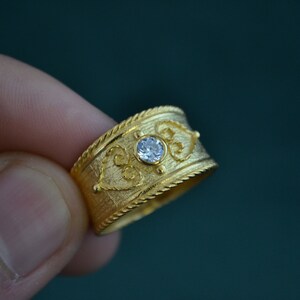 Handmade Byzantine Ring with Cubic Zirconia, 925 Silver Ring with 22K Gold-plating, Gold Etruscan Ring, Medieval Solitaire Ring, Greek Jewel image 6