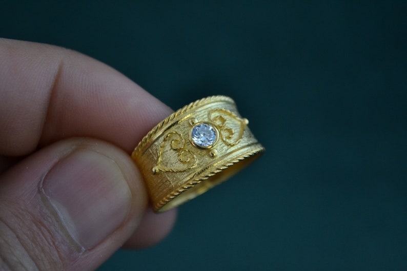 Handmade Byzantine Ring with Cubic Zirconia, 925 Silver Ring with 22K Gold-plating, Gold Etruscan Ring, Medieval Solitaire Ring, Greek Jewel image 6