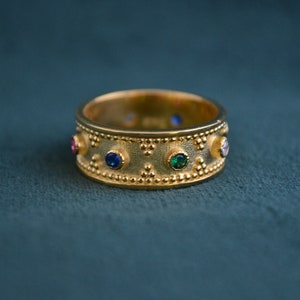 Gold Byzantine Ring, 22K Gold-Plated Ring with Cocktail Cubic Zirconia, Multistone Sterling Silver Ring, Etruscan Ring, Medieval Greek Ring