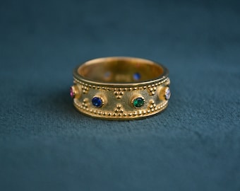 Gold Byzantine Ring, 22K Gold-Plated Ring with Cocktail Cubic Zirconia, Multistone Sterling Silver Ring, Etruscan Ring, Medieval Greek Ring