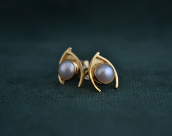 Majestic 750 Gold Studs with Pearls, 18K Gold Earrings with Gemstones, Greek Handmade Earrings