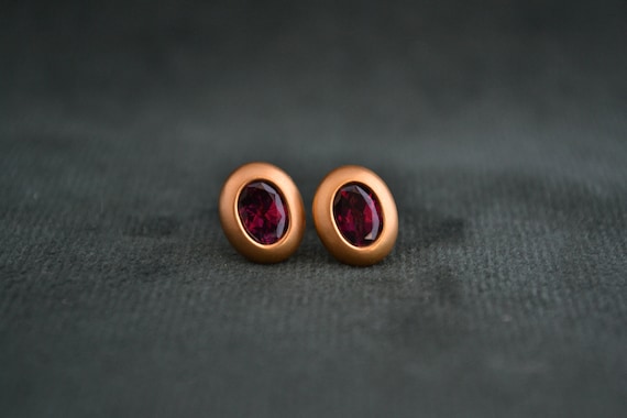 18K Gold Earrings with Garnet, 750 Gold Oval Studs with Gemstones, Greek Artisan Earrings