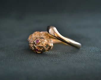 Anillo chapado en oro de 22 quilates con cabeza de león, anillo de plata 925 con circonita cúbica, joyería con temática animal griega