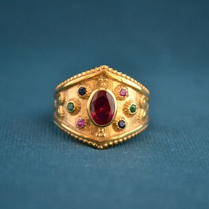 Flerfärgad bysantinsk ring, 22K guldpläterad ring med kubisk zirkonia, flerstens sterlingsilverring, etruskisk ring, vintage grekisk ring