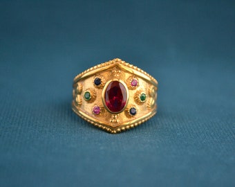 Multicolor Byzantine Ring, 22K Gold-Plated Ring with Cubic Zirconia, Multistone Sterling Silver Ring, Etruscan Ring, Vintage Greek Ring