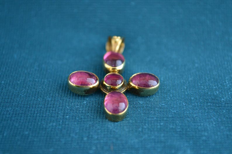 Gold Byzantine Cross with Pink Tourmaline, 18K Gold Cross with Gemstones, Women's Cross Pendant, Etruscan Tourmaline Cross, Greek Jewelry image 2