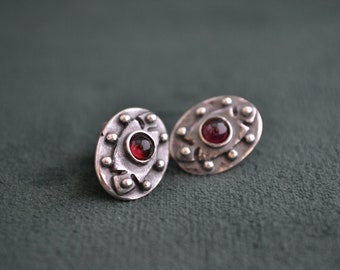 Oval 925 Silver Earrings, Sterling Silver Stud Earrings with Garnet, Byzantine Earrings with Gemstone, Greek Traditional Earrings