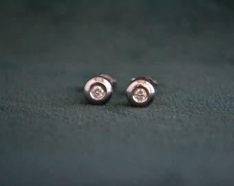 Round White Gold Earrings, 18K White Gold Studs with Diamonds, Women's White Gold Earrings, Gold and Diamond Studs, Gift for Her