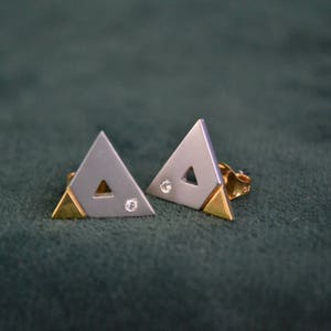 Yellow and White Gold Triangle Earrings, 18K Gold and Diamonds Stud Earrings, Solid Gold Studs with Diamonds, Fine Artisan Jewelry, Gift image 1