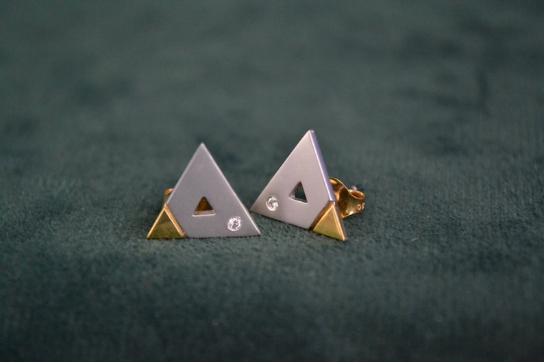 Yellow and White Gold Triangle Earrings, 18K Gold and Diamonds Stud Earrings, Solid Gold Studs with Diamonds, Fine Artisan Jewelry, Gift image 1