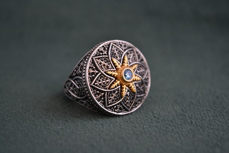 Majestic Roman Ring, 925 Silver Byzantine Ring with Cubic Zirconia Blue Topaz, Medieval Ring with Engraved Patterns, Greek Jewelry image 1