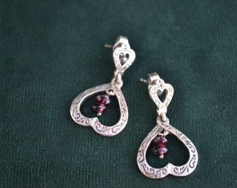 Handmade Sterling Silver and Garnet Heart Earrings, Silver and Garnet Studs, Women's Heart Earrings, Artisan Jewelry, Heart-shaped Studs