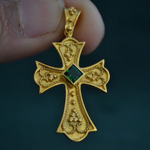 Vintage Gold-plated Byzantine Cross, 925 Silver Pendant with Emerald Cz, Roman Cross with Engraves, Greek Artisan Pendant