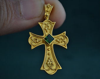 Byzantine Cross Pendant, Gold-Plated 925 Silver Emerald CZ, Handmade Medieval