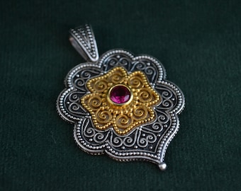 Floral Byzantine Pendant, 925 Silver Etruscan Pendant with Cubic Zirconia, Engraved Medieval Pendant, Greek Artisan Pendant