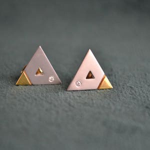 Yellow and White Gold Triangle Earrings, 18K Gold and Diamonds Stud Earrings, Solid Gold Studs with Diamonds, Fine Artisan Jewelry, Gift image 3