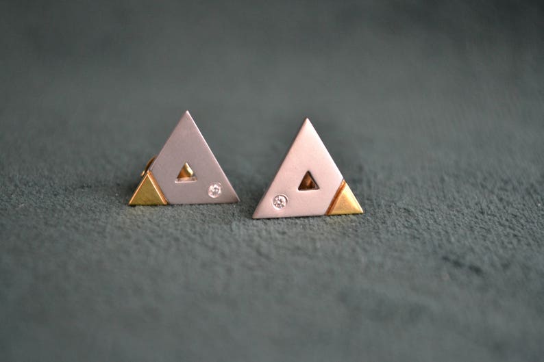 Yellow and White Gold Triangle Earrings, 18K Gold and Diamonds Stud Earrings, Solid Gold Studs with Diamonds, Fine Artisan Jewelry, Gift image 3