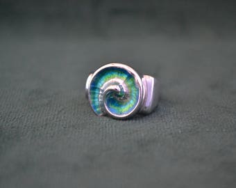 Handmade Enamel and Sterling Silver Ring, Spiral Design, Blue and Green Women's Ring, Gift for Her