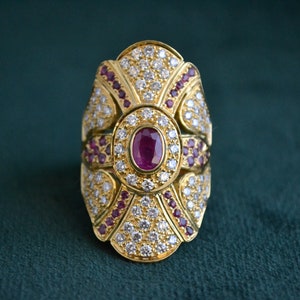 Byzantine Ring with Rubies, 18K Gold Ring with Diamonds and Ruby Gemstones, Vintage Gold Ring, Etruscan Ring, Greek Artisan Jewelry