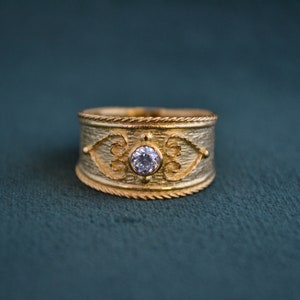 Handmade Byzantine Ring with Cubic Zirconia, 925 Silver Ring with 22K Gold-plating, Gold Etruscan Ring, Medieval Solitaire Ring, Greek Jewel