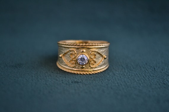 Handmade Byzantine Ring with Cubic Zirconia, 925 Silver Ring with 22K Gold-plating, Gold Etruscan Ring, Medieval Solitaire Ring, Greek Jewel