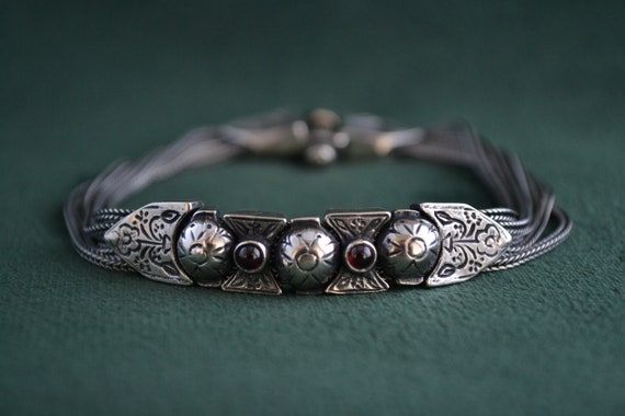 Lovely Byzantine Bracelet with Garnet, 925 Silver Bracelet with Gemstones, Engraved Medieval Bracelet