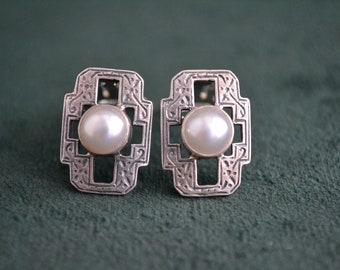 Silver Byzantine Earrings with Pearls, Sterling Silver Clip On Earrings with Authentic Pearls, Engraved Earrings, Art Deco Earrings, Gift