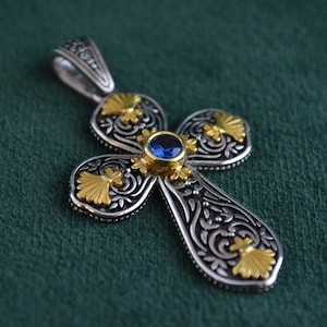 Exquisite Byzantine Cross, Silver Greek Cross with Cubic Zirconia Sapphire, 22K Gold-plated Medieval Cross