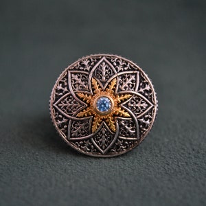 Majestic Roman Ring, 925 Silver Byzantine Ring with Cubic Zirconia Blue Topaz, Medieval Ring with Engraved Patterns, Greek Jewelry image 2
