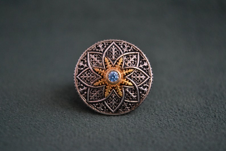 Majestic Roman Ring, 925 Silver Byzantine Ring with Cubic Zirconia Blue Topaz, Medieval Ring with Engraved Patterns, Greek Jewelry image 2