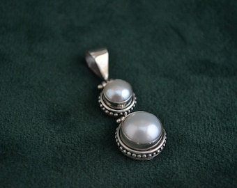 Sterling Silver Pendant With Pearls, 925 Silver Pendant w Two Round Pearls, Cabochon Pearls, Women's Pendant, Greek Artisan Jewelry, Unique