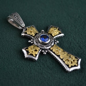 Roman Cross Pendant, 925 Silver Byzantine Pendant with 22K Gold-plating, Cross with Cubic Zirconia, Medieval Pendant with Engraves, Greek