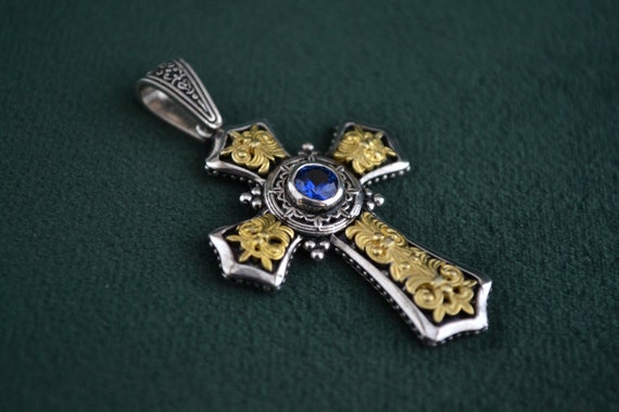 Roman Cross Pendant, 22K Gold-Plated Sterling Silver with Cubic Zirconia, Byzantine Etruscan Style