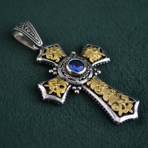 Pendentif croix romaine, pendentif byzantin en argent 925 avec placage à l'or 22 carats, croix avec zircone cubique, pendentif médiéval avec gravures, grec