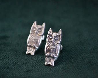 Sterling Silver Owl Earrings, Silver Owl Studs, Women's Owl Earrings, Unique Artisan Jewelry