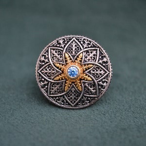 Majestic Roman Ring, 925 Silver Byzantine Ring with Cubic Zirconia Blue Topaz, Medieval Ring with Engraved Patterns, Greek Jewelry image 5
