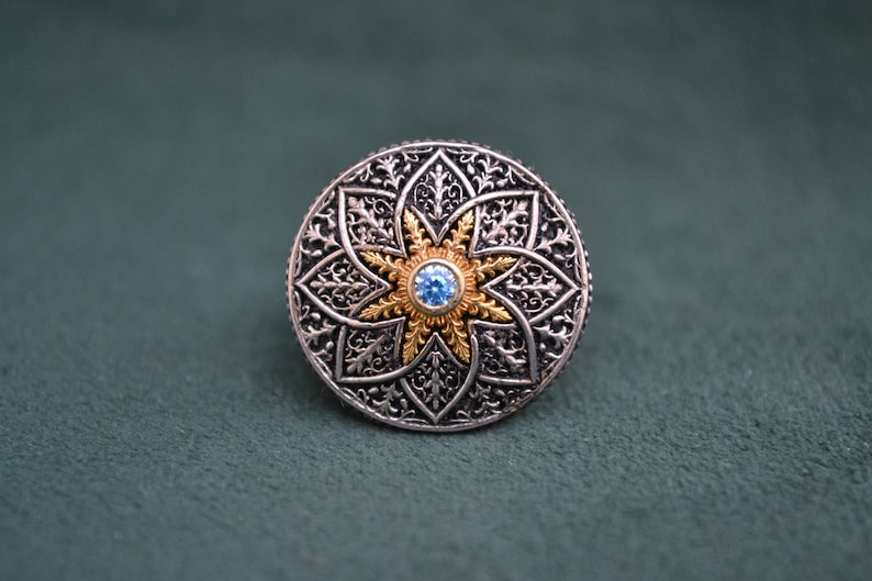Majestic Roman Ring, 925 Silver Byzantine Ring with Cubic Zirconia Blue Topaz, Medieval Ring with Engraved Patterns, Greek Jewelry image 5