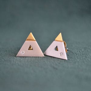 Yellow and White Gold Triangle Earrings, 18K Gold and Diamonds Stud Earrings, Solid Gold Studs with Diamonds, Fine Artisan Jewelry, Gift image 2