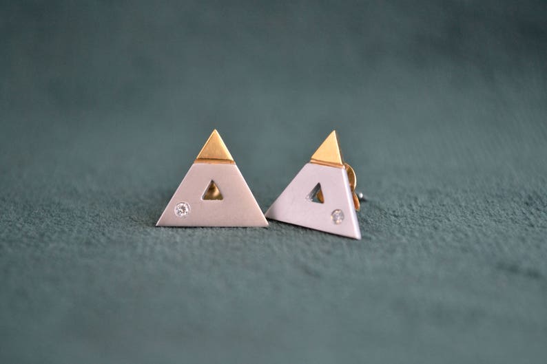 Yellow and White Gold Triangle Earrings, 18K Gold and Diamonds Stud Earrings, Solid Gold Studs with Diamonds, Fine Artisan Jewelry, Gift image 2