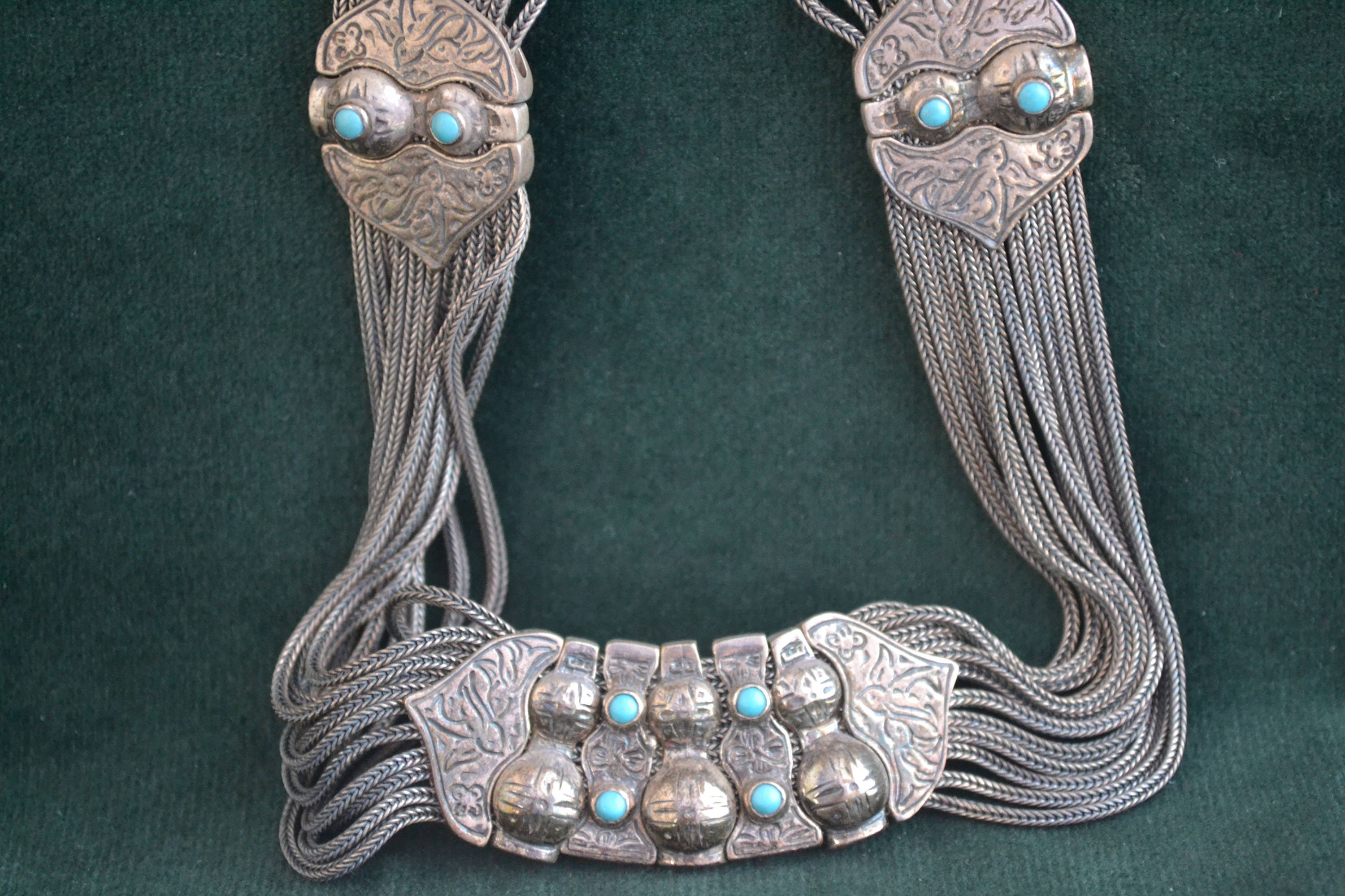 Ancien Collier Byzantin En Argent 925 Avec Pierre Turquoise - Bijou Vintage Occasion
