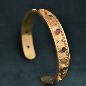 Exquisite Gold Byzantine Bracelet, 22K Gold-Plated Sterling Silver Bracelet with Cubic Zirconia, Medieval Multistone Cuff Bracelet, Handmade