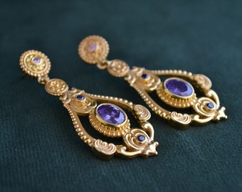 Spectacular Etruscan Earrings, Gold-plated Byzantine Studs, Medieval Studs with Amethyst CZ, 925 Silver Handmade Earrings