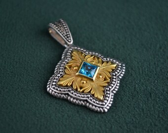 Floral Roman Pendant, 925 Silver Pendant with Azure Topaz Cubic Zirconia, Engraved Pendant, Byzantine Pendant, Greek Jewelry