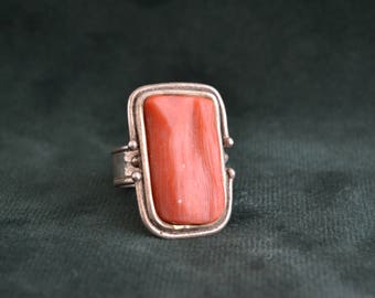 Handmade Sterling Silver Ring with Authentic Coral, Women's Ring with Stone, Silver Statement Ring with Coral, Gift for Her