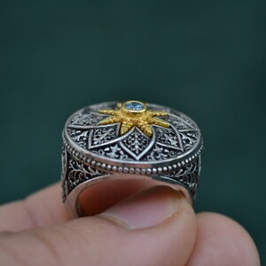 Majestic Roman Ring, 925 Silver Byzantine Ring with Cubic Zirconia Blue Topaz, Medieval Ring with Engraved Patterns, Greek Jewelry image 7