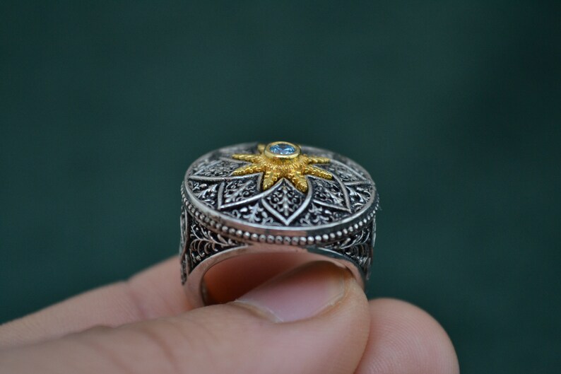 Majestic Roman Ring, 925 Silver Byzantine Ring with Cubic Zirconia Blue Topaz, Medieval Ring with Engraved Patterns, Greek Jewelry image 7